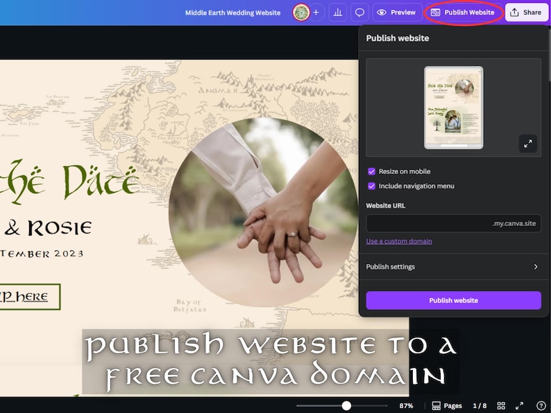 Może przedstawiać: Zrzut ekranu edytora stron internetowych Canva, pokazujący projekt strony internetowej ślubnej z mapą Śr&oacute;dziemia, trzymającymi się za ręce dłońmi pary i tekstem "The Dace & Rosie September 2023". Strona internetowa jest publikowana na bezpłatnej domenie Canva.