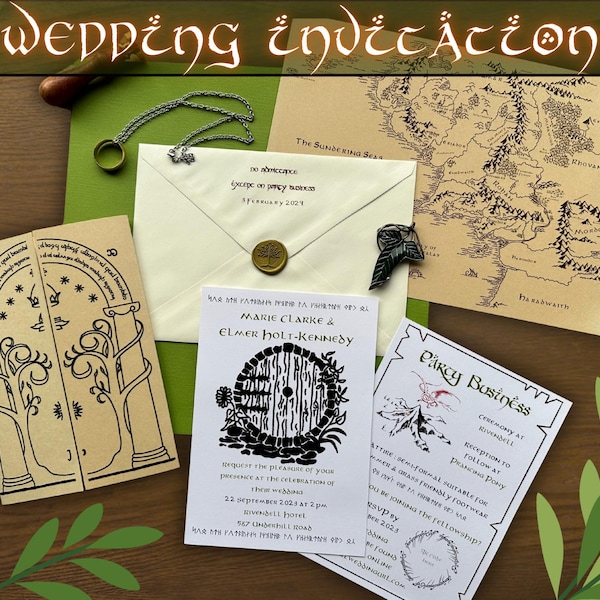 Modèle d'invitation de mariage Terre du Milieu | Elfique, Hobbit, Rustique (Téléchargement Canva modifiable)