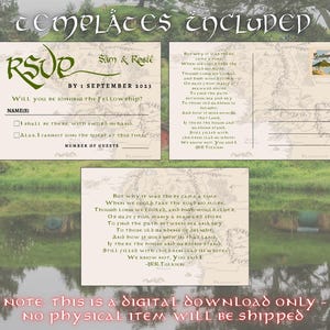 May include: A printable wedding invitation set with a Lord of the Rings theme. The invitation features a green RSVP card with the text "Sam & Rosie" and "By 1 September 2023". The invitation also includes a quote from J.R.R. Tolkien's "The Fellowship of the Ring".