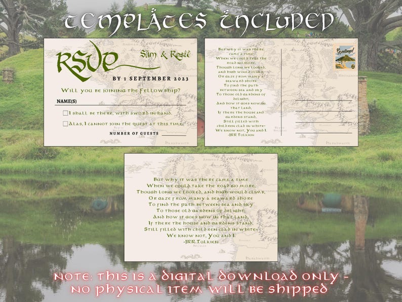 May include: A printable wedding invitation set with a Lord of the Rings theme. The invitation features a green RSVP card with the text "Sam & Rosie" and "By 1 September 2023". The invitation also includes a quote from J.R.R. Tolkien's "The Fellowship of the Ring".