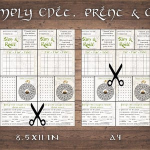 May include: Printable wedding game cards with a rustic theme. The cards feature a tic-tac-toe game, a maze, and a "Help the Couple Finish Their Vows" game. The cards are 8.5 inches by 11 inches.