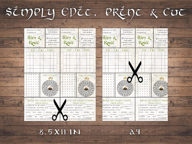 May include: Printable wedding game cards with a rustic theme. The cards feature a tic-tac-toe game, a maze, and a "Help the Couple Finish Their Vows" game. The cards are 8.5 inches by 11 inches.