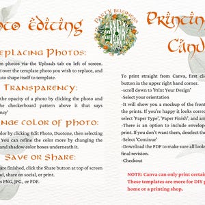 May include: A guide on how to replace photos, change the opacity and colour of photos, and save or share your design in Canva. The guide also includes instructions on how to print your design from Canva. The text includes the phrase "Princing in Canda".