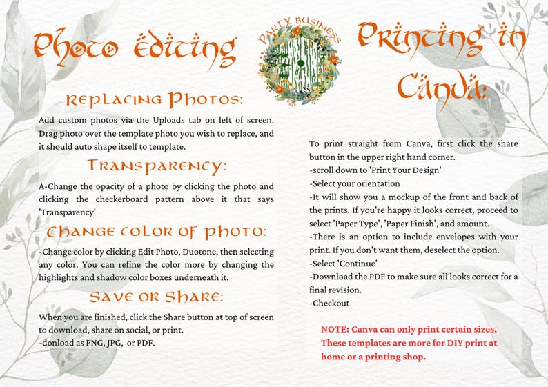 May include: A guide on how to replace photos, change the opacity and colour of photos, and save or share your design in Canva. The guide also includes instructions on how to print your design from Canva. The text includes the phrase "Princing in Canda".