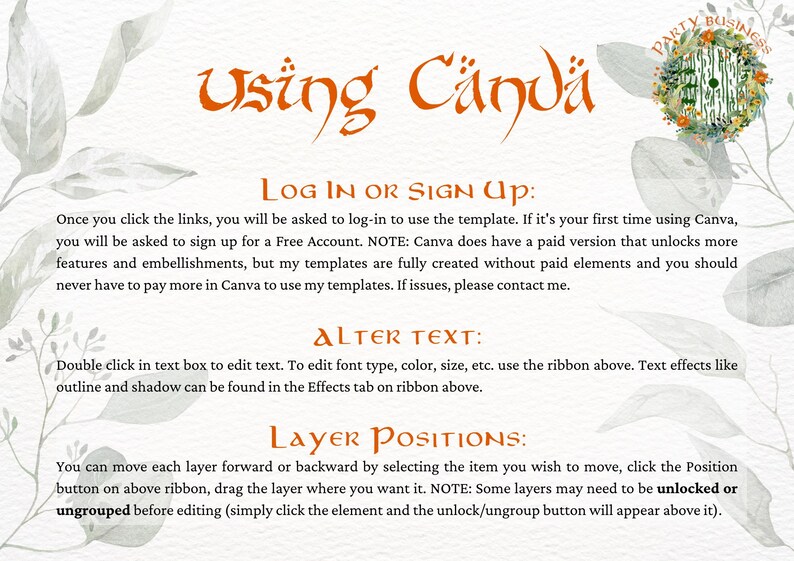 May include: A digital image with instructions on how to use Canva to edit a template. The text reads: "Using Canva", "Log in or Sign Up", "Alter Text", and "Layer Positions".
