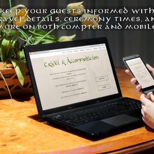 Może przedstawiać: Laptop i smartfon wyświetlające stronę internetową z tekstem "Travel & Accommodation". Strona internetowa ma przyciski "Hotel" i "Mapa".