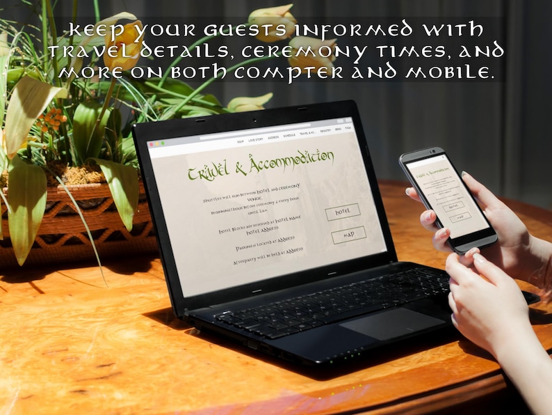 Może przedstawiać: Laptop i smartfon wyświetlające stronę internetową z tekstem "Travel & Accommodation". Strona internetowa ma przyciski "Hotel" i "Mapa".