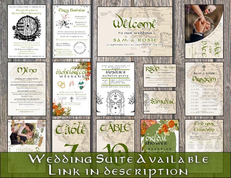 May include: A set of printable wedding invitations with a Lord of the Rings theme. The invitations feature a map of Middle-earth, a quote from the books, and a wedding date. The invitations are in a rustic style with a green and brown colour scheme.