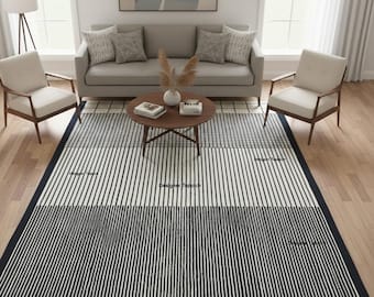 Abstract Hand-Tufted Wool Rug, Modern Geometric Minimalist Design, Neutral Palette Living Room Home