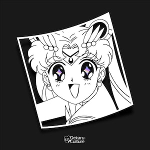 May include: Black and white line art illustration of a girl with long hair, wearing a crown and a dress. Her eyes are large and have a rainbow sparkle.