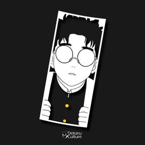 May include: Black and white illustration of a person with glasses wearing a school uniform. The person is looking down and has a serious expression.