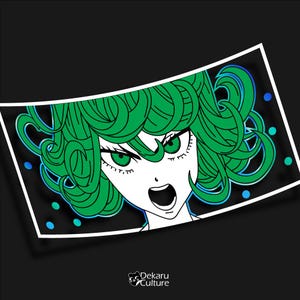 May include: A green-haired anime character with a fierce expression, her eyes wide open and mouth open in a shout. The background is black with blue and white dots.