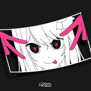 May include: A black and white illustration of a girl with pink stars in her eyes. The image is cropped and the girl's face is the main focus. Two pink hands are pointing at the girl's eyes.