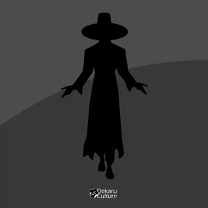 May include: A black silhouette of a figure wearing a wide-brimmed hat and long coat, with arms outstretched. The figure is set against a gray gradient background. The Dekaru Culture logo is in the bottom right corner.