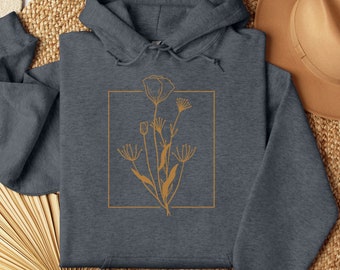 California Poppy Unisex Hoodie, Botanical Poppies Print Hoodie