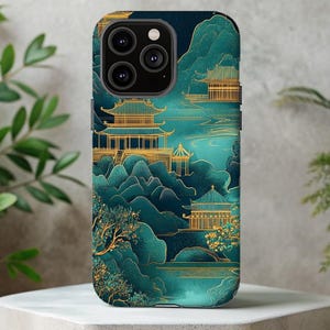Coque de portable paysage asiatique MagSafe - Architecture traditionnelle, montagnes, arbres pour iPhone et Samsung, cadeau inspiré de la nature