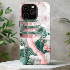 Coque de portable paysage asiatique - Architecture traditionnelle MagSafe, art des montagnes et de la nature, cadeau esthétique, coque de téléphone résistante pour iPhone Samsung