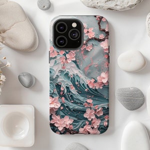 MagSafe - Cadeau, cadeau, coque de téléphone robuste rose, fleurs de cerisier du Japon, vagues d'art vintage / iPhone 16, 15, 14, 13, 12, 11, X, 8, 7, Samsung