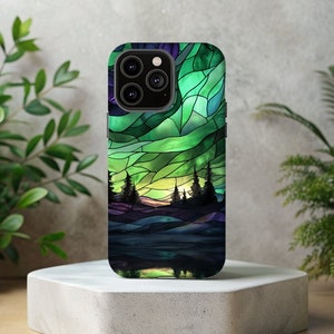 Aurora Borealis, aurores boréales, vitrail, art, vert, solide, cadeau, coque de téléphone / iPhone 16, 15, 14, 13, 12, 11, X, 8, 7, Samsung