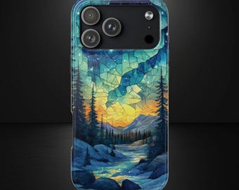 Funda para teléfono con vitrales de la aurora boreal, paisaje nocturno, arte de cielo estrellado, estética de la aurora boreal, compatible con MagSafe, para iPhone y Samsung.
