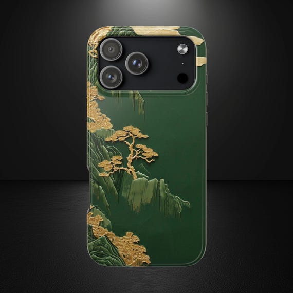 Embroidered Chinese Landscape iPhone Case, Green Mountain Design, iPhone, Samsung