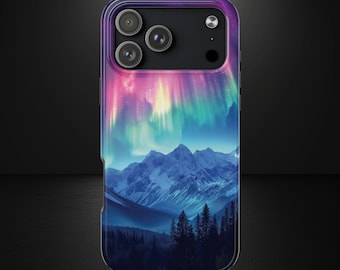 Funda para teléfono con diseño de aurora boreal, paisaje montañoso con auroras boreales y cielo nocturno, compatible con MagSafe para iPhone y Samsung.