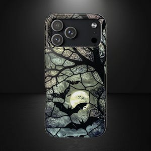Halloween Stained Glass Bat Moon Phone Case, Gothic Night Art, MagSafe Compatible, iPhone & Samsung