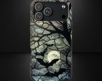 Halloween Stained Glass Bat Moon Phone Case, Gothic Night Art, MagSafe Compatible, iPhone & Samsung