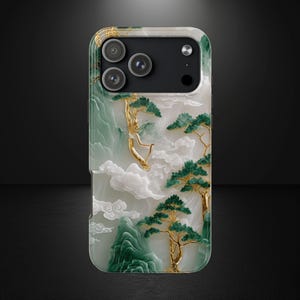 Asian Jade Landscape Phone Case, Elegant Carved Aesthetic for iPhone & Samsung, MagSafe Compatible