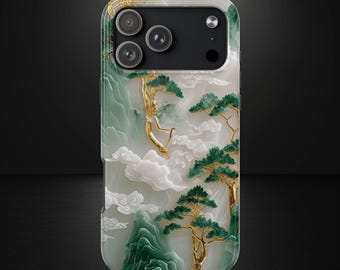 Asian Jade Landscape Phone Case, Elegant Carved Aesthetic for iPhone & Samsung, MagSafe Compatible