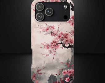 Capa para celular com estampa de flor de cerejeira japonesa, arte de paisagem em tinta Sakura, capa resistente MagSafe para iPhone e Samsung.