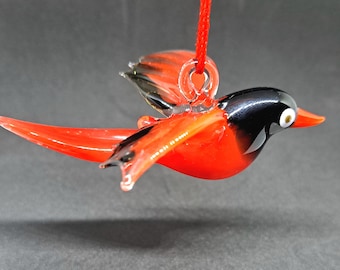 Handmade Murano Glass Bird Ornament: Red & Black Glass Art