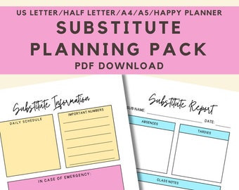 Substitute Information Pages, Printable Substitute Report, PDF Teacher Planner Inserts, Binder Pages for Organized Teacher, Back To School