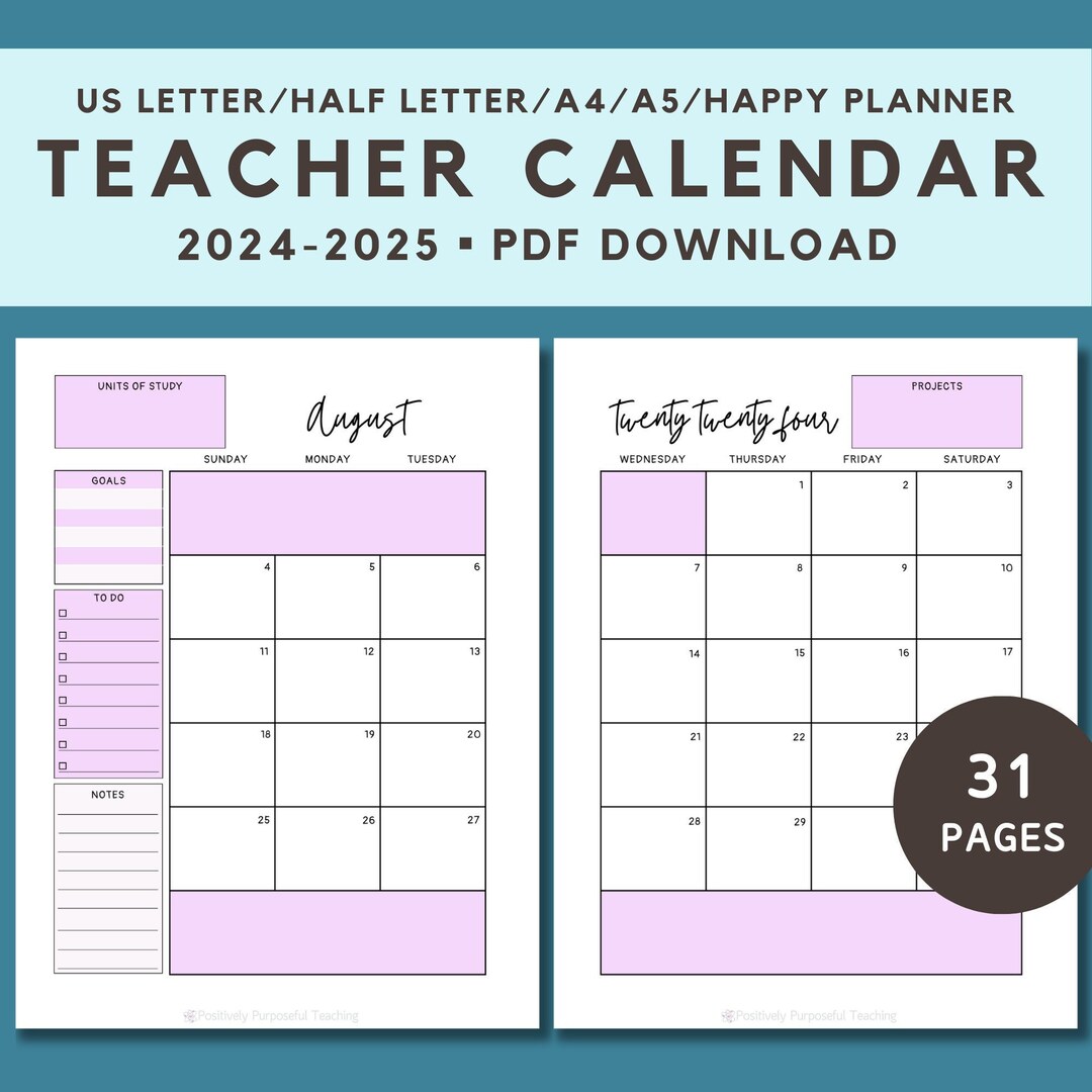 Teacher Calendar Pages 24-25, Printable Teacher Calendar, PDF Teacher Planner Inserts, Binder ...
