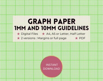 Printable graph paper, 1mm and 10mm/1cm green guideline grid template, full page/margins, Digital PDF instant download, A4/A5/Letter/Half