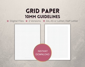 Printable Grid Paper, light grey 10mm/1cm guidelines, instant download graph paper PDF, 2 versions - full +/- margins, A4/A5/Letter/Half