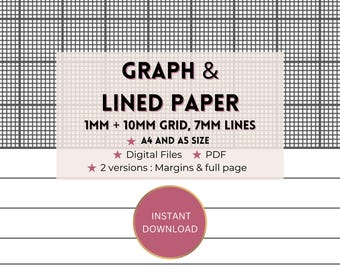 A4 and A5 dual digital graph and lined paper : 1mm + 10mm grid, 7mm writing lines in dark grey colour