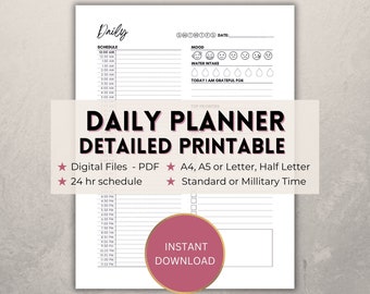 Daily planner printable, 24 hour schedule for appointments, water mood gratitude tracker, to do list, top priority notes, 2 variations
