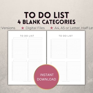 Lista de tarefas - 4 categorias/quadrantes, modelo de tarefa em PDF para impressão, planejador de produtividade de gestão, A4/A5/Carta/Meio, lista de verificação em formato retrato