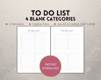 To do list - 4 categories/quadrant, printable task PDF template, management productivity planner, A4/A5/Letter/Half, portrait checklist