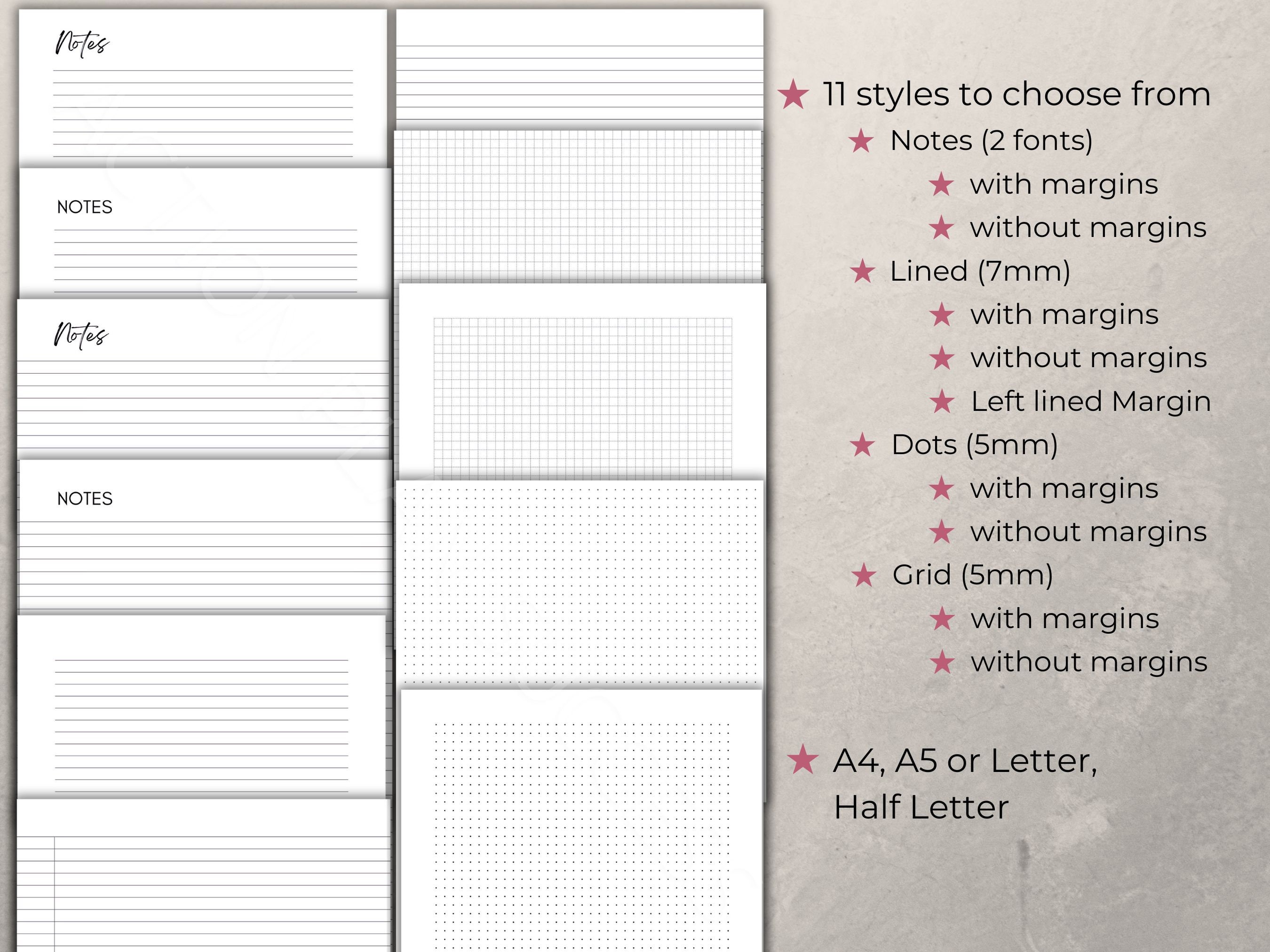 Margin Note Style Printable Paper Essentials for Journal, 5mm Dot, 7mm Lined, 5mm Grid ...