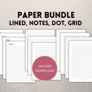 Pode incluir: Um conjunto de modelos de papel imprimíveis para tomar notas. O conjunto inclui papel pautado, notas, pontos e grade. O texto "Notes" aparece no papel. O texto "DOWNLOAD INSTANTÂNEO" aparece em um círculo rosa.