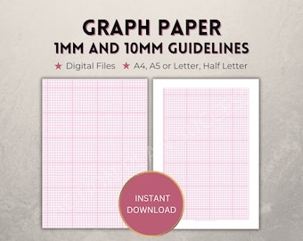 Printable graph paper for school, 1mm and 10mm/1cm, pink science/graphics grid template, 2 versions, Digital PDF download, A4/A5/Letter/Half