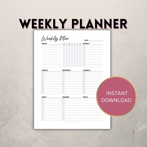 Puede incluir: Un planificador semanal imprimible con secciones para hábitos, de lunes a domingo, fin de semana y notas. El planificador tiene un diseño simple en blanco y negro.