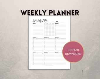 weekly planner printable, week at a glance PDF template, portrait habits & to do list, notes, organiser for journal, A4/A5/Letter/Half