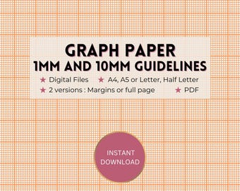 Printable graph paper, 1mm and 10mm/1cm orange guideline grid template, full page/margins, Digital PDF instant download, A4/A5/Letter/Half