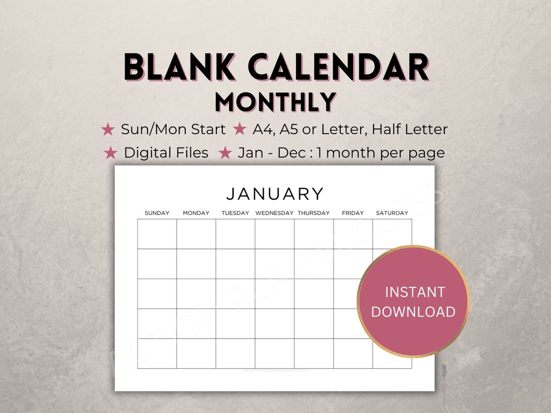 Printable Monthly Blank Calendar, Landscape Instant Download, 12 Months ...