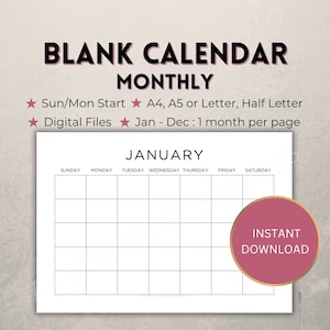 Calendario mensual imprimible en blanco, horizontal, descarga instantánea, PDF digital de 12 meses, 1 mes por página, inicio en domingo/lunes, tamaño A4/A5/Carta/Media página.