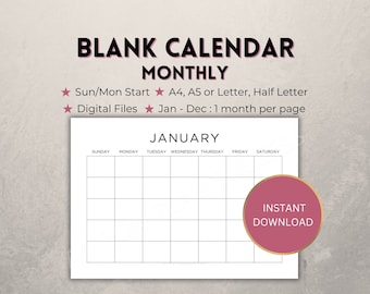 Printable Monthly Blank Calendar, Landscape Instant Download, 12 months digital PDF, 1 month per page, Sunday/Monday start A4/A5/Letter/Half