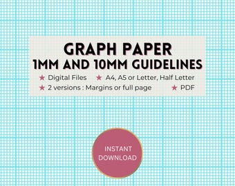 Printable graph paper, 1mm and 10mm/1cm, blue school/science/graphics grid template, 2 versions, Digital PDF download, A4/A5/Letter/Half